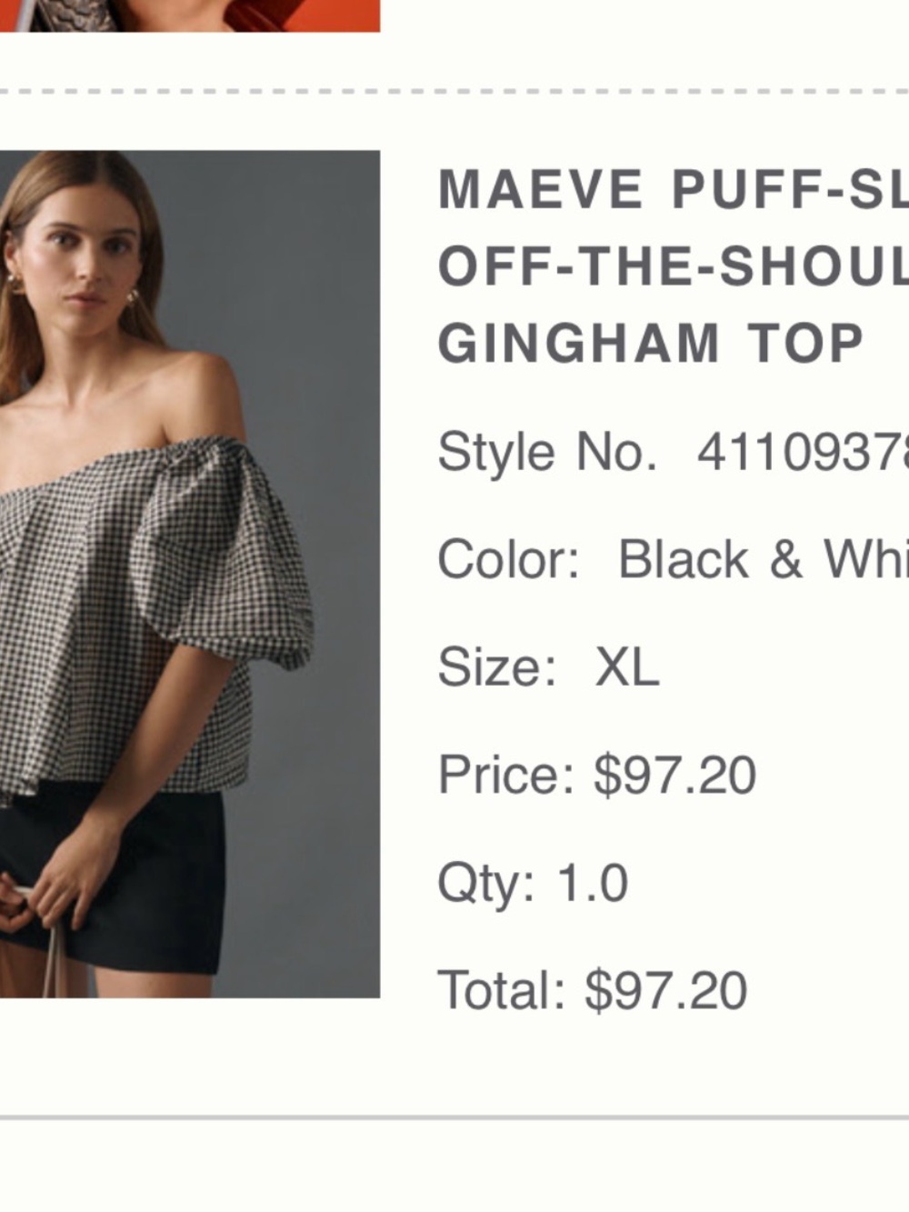 Anthropologie Black & White Gingham Off-Shoulder Puff Sleeve Top